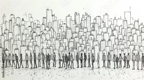 A drawing of a city with a large group of people walking down a street. The people are all dressed in black and white  and the buildings are tall and narrow. Scene is somber and quiet