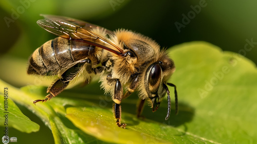 European honey bee (Apis mellifera) .Generative AI © adan
