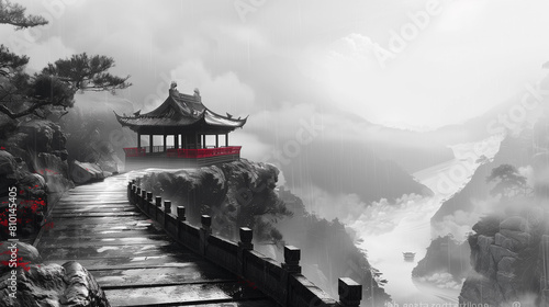 chinese temple in the fog, Traditional Chinese Ink painting 