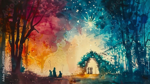 Dreamy watercolor portrayal of the Nativity scene