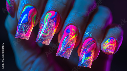 AI generated illustration of neon rainbow blacklight nail art