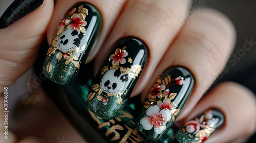 AI generated illustration of panda-themed nail art with green and gold accents