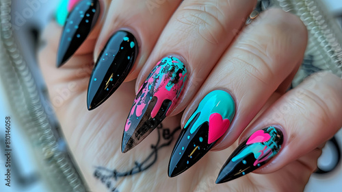AI generated illustration of vibrant pink and blue nail designs with hearts photo