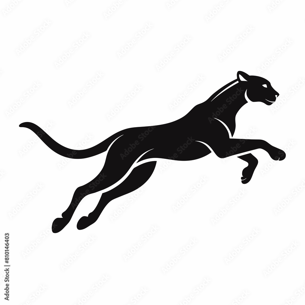 Cheetah in mid-air jump showcasing its pose in a solid black color silhouette Cheetah in mid-air jump showcasing its pose in a solid black color silhouette