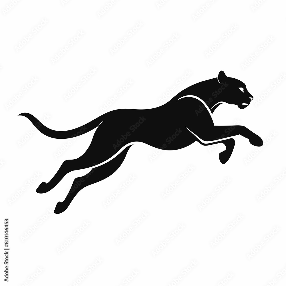 Cheetah in mid-air jump showcasing its pose in a solid black color silhouette Cheetah in mid-air jump showcasing its pose in a solid black color silhouette