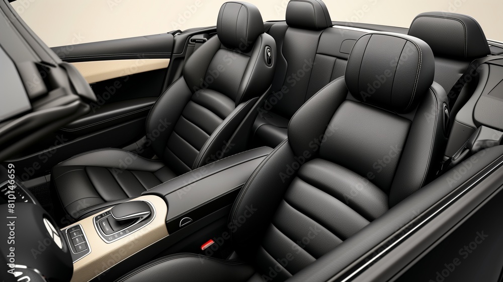 Fototapeta premium Elegant black leather car seat isolated on soft beige - luxury interior automotive design