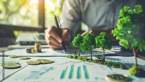 a person working with documents on office desk while green trees and coins grow from the desk and sun light background photo