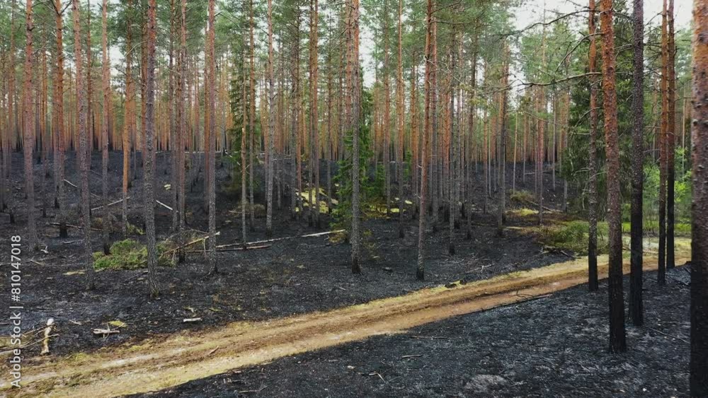 Ground-level view of a forest with charred tree trunks and a blackened ...
