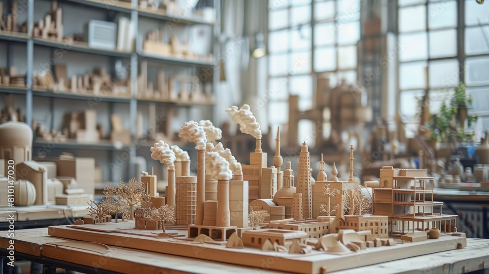 A model of a city with a factory and a power plant. The model is made of wood and is on a table