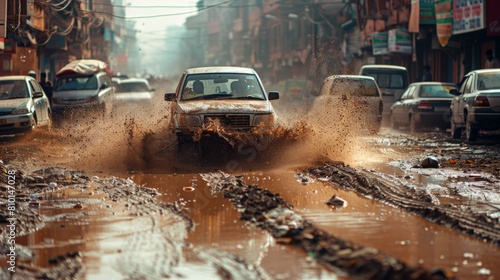 A car is driving through a flooded street with water splashing up onto the hood. The scene is chaotic and disorganized, with cars driving in all directions and the water covering the road