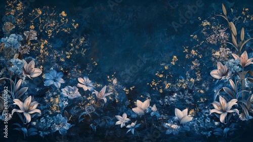 Elegant Dark Blue Floral Mural with Pastel Blooms and Wildflowers