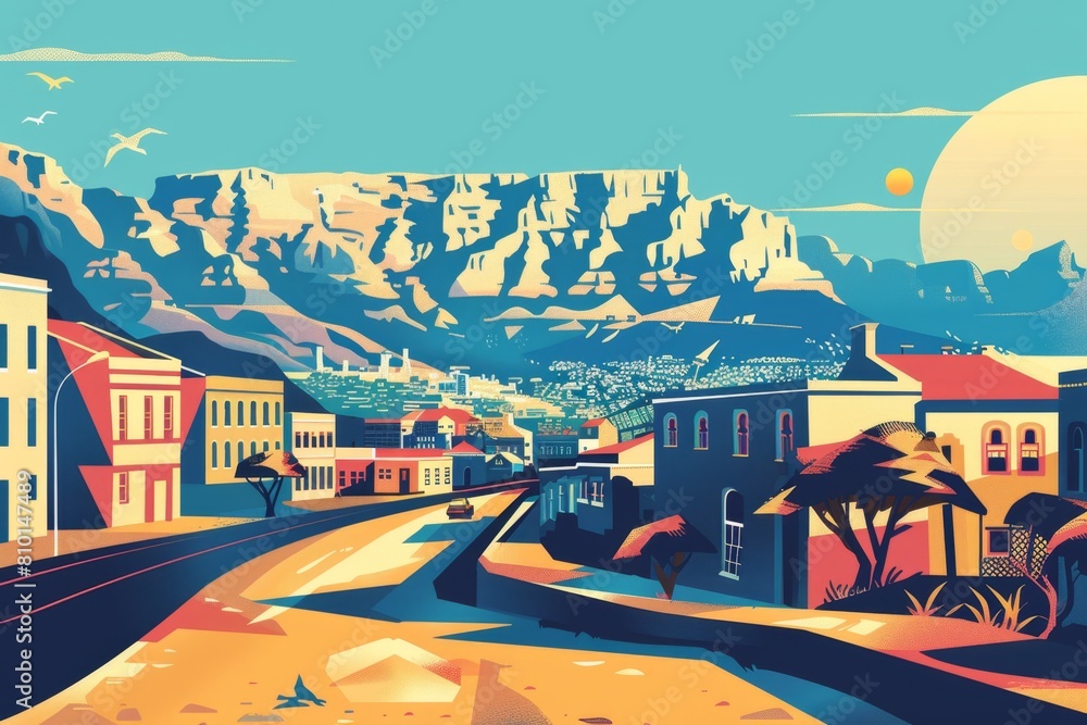 Obraz premium Stylized illustration of cape town with table mountain