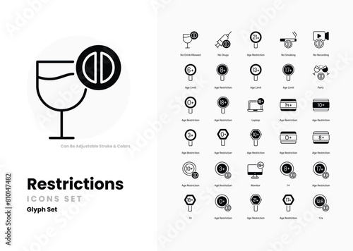 Restrictions icons, age icon concept editable stroke outline icons set isolated on white background flat vector illustration. Pixel perfect. 64 x 64.