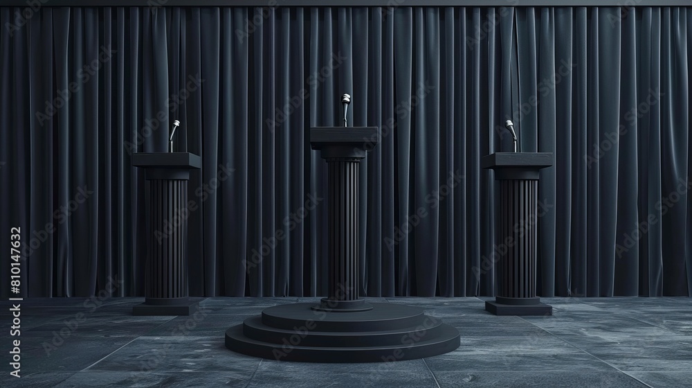 Various podiums, including a black podium and one equipped with microphones, designed for delivering speeches and presentations. Various podiums, including a black podium and one equipped with microphones, designed for delivering speeches and presentations.