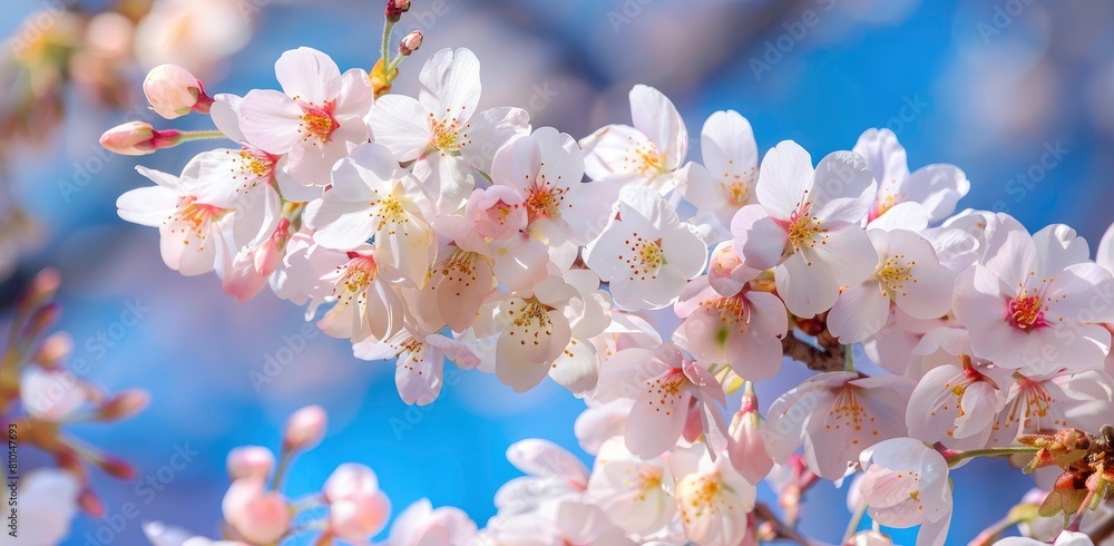 Beautiful white and pink cherry flowers blossoms against the blue sky.