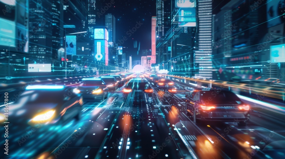 Futuristic scene showcasing AI-powered autonomous vehicles navigating through cyberspace