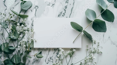 A lat lay card mockup adorned with eucalyptus branche and flowers. photo