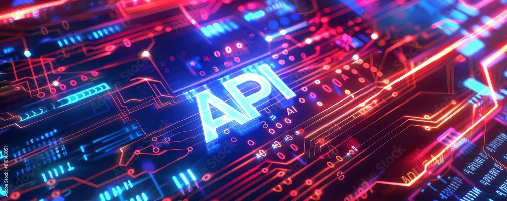 The word API is written in the center of an abstract futuristic background with circuit board patterns and neon lights