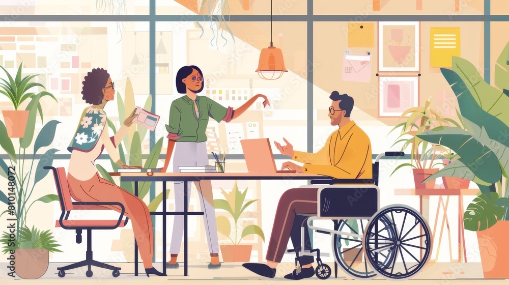 Digital illustration of a diverse team collaborating in an accessible office space Digital illustration of a diverse team collaborating in an accessible office space