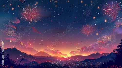 Festival fireworks frame. Bright crackers lights in starry night sky, firework banner and traditional celebration background vector illustration