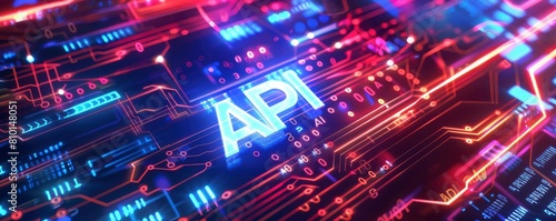 The word API is written in the center of an abstract futuristic background with circuit board patterns and neon lights © Fatema