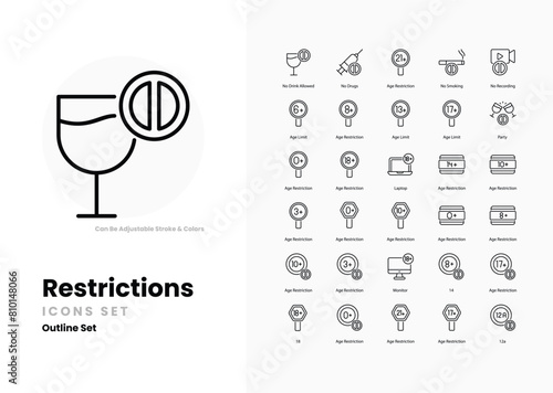 Restrictions icons, age icon concept editable stroke outline icons set isolated on white background flat vector illustration. Pixel perfect. 64 x 64.