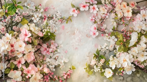 Vibrant Spring Floral Mural with Blooming Cherry Blossoms and Green Leaves