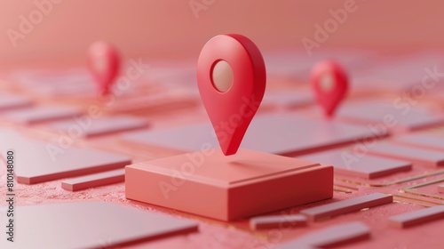 3d render of red location pins on pink map