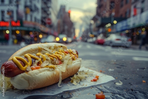 Indulge in a classic New York-style hotdog served with sauerkraut, relish, and yellow mustard on a bustling street corner. National hotdog day photo