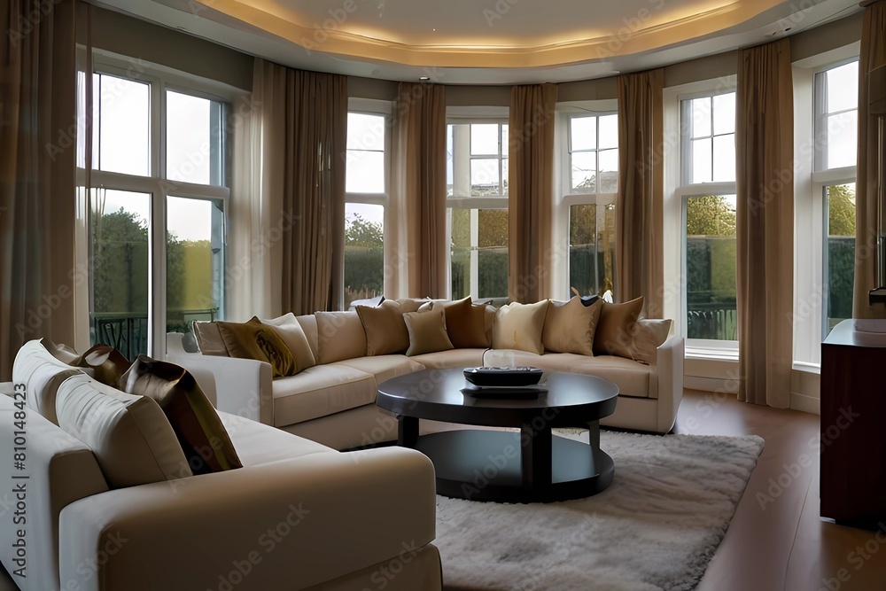 Fototapeta premium Livng room with bay window. Massive living room with bay window and contemporary furniture 