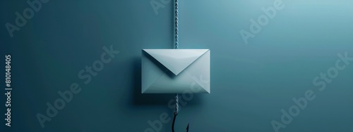 A fishing hook with an envelope icon hanging from it on a blue background. symbolizes cyber piracy and the harvesting of personal data through email phishing online or on the internet.