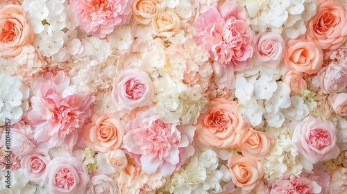 Elegant Floral Wall with Pink Roses, White Hydrangeas, and Peach Peonies