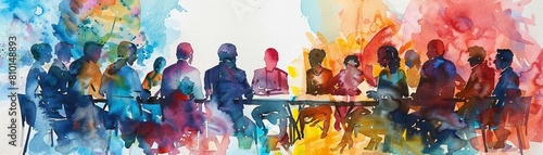 Roundtable discussion on human rights, with activists, policymakers, and academics debating solutions to global equality challengeswatercolor illustrations