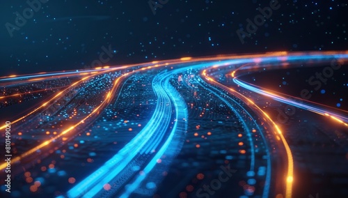 Digital technology background with light trails on glowing dark blue colour