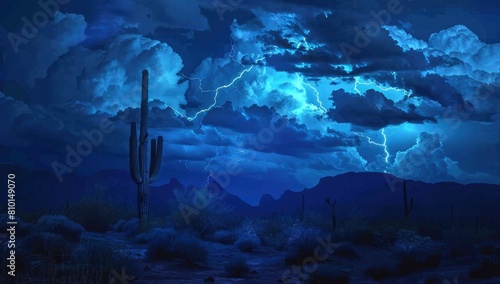 Lightning in the desert at night with cactus, dark blue sky.