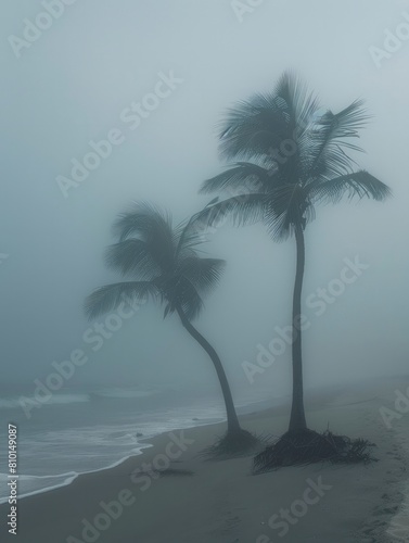  Foggy palm trees on the beach during a hurricane.