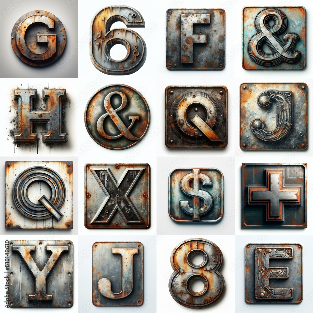 Fototapeta premium Meatal grange and rusty Lettering Typeface. AI generated illustration
