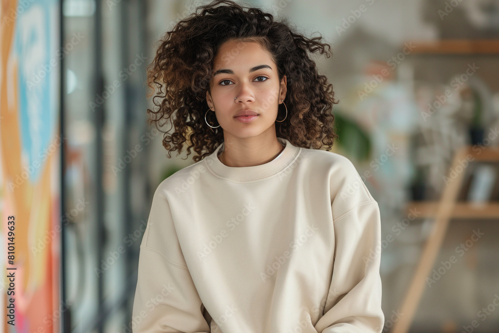 College age biracial ethnic woman, art background, museum look, wearing cream tan crewneck sweater