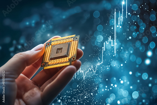Hand holding GPU chip with a growing stock exchange graph on a blue background