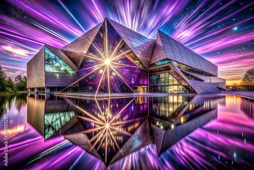 A museum with a dynamic, angular facade that uses reflections to create a starburst effect, mimicking the big bang, against a cosmic purple background photo
