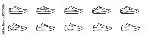 Sneakers line vector set. Outline sneaker simple icon on white background. Sports shoes concept logo vector. Running symbol icon. Sneaker foot size vector. Vector illustration.