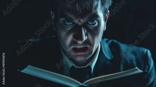 Man deeply engrossed in reading a book, illuminated by a dim light, his face showing an intense, concentrated expression. photo