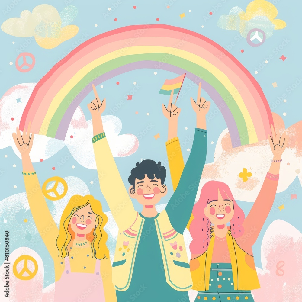 Pride Day themed illustration of three diverse people holding up the rainbow flag with 