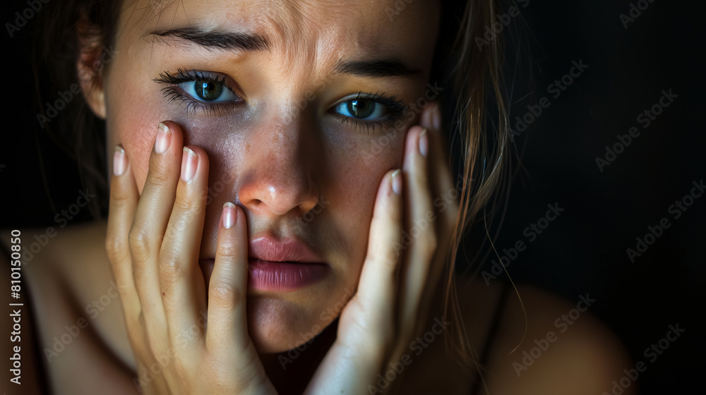 Φωτογραφία Woman with her hands on her face, her eyes filled with tears, depicting a moment of deep emotional struggle
