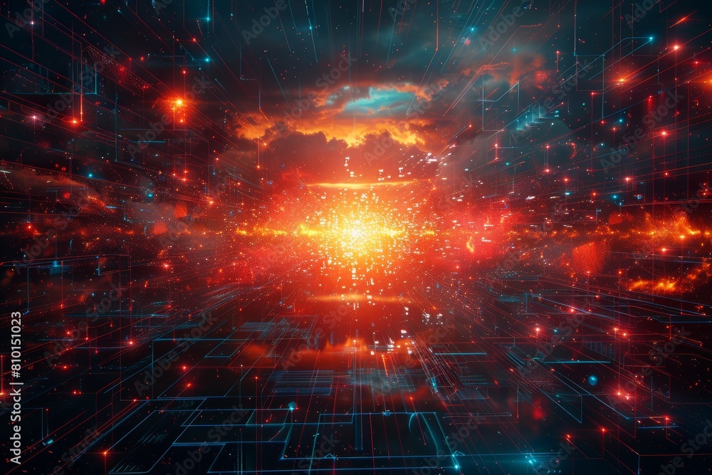 A fiery digital explosion against a geometric grid backdrop, symbolizing a disruptive technology or data concept A fiery digital explosion against a geometric grid backdrop, symbolizing a disruptive technology or data concept