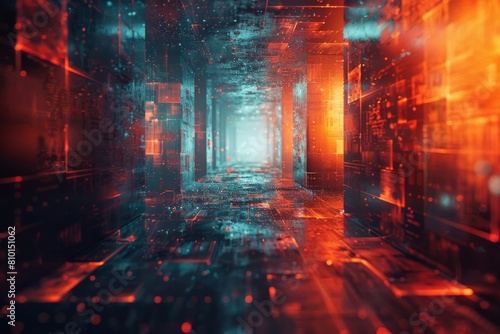 A digitally created corridor depicting a futuristic cyberspace with glowing lights and data streaming effect