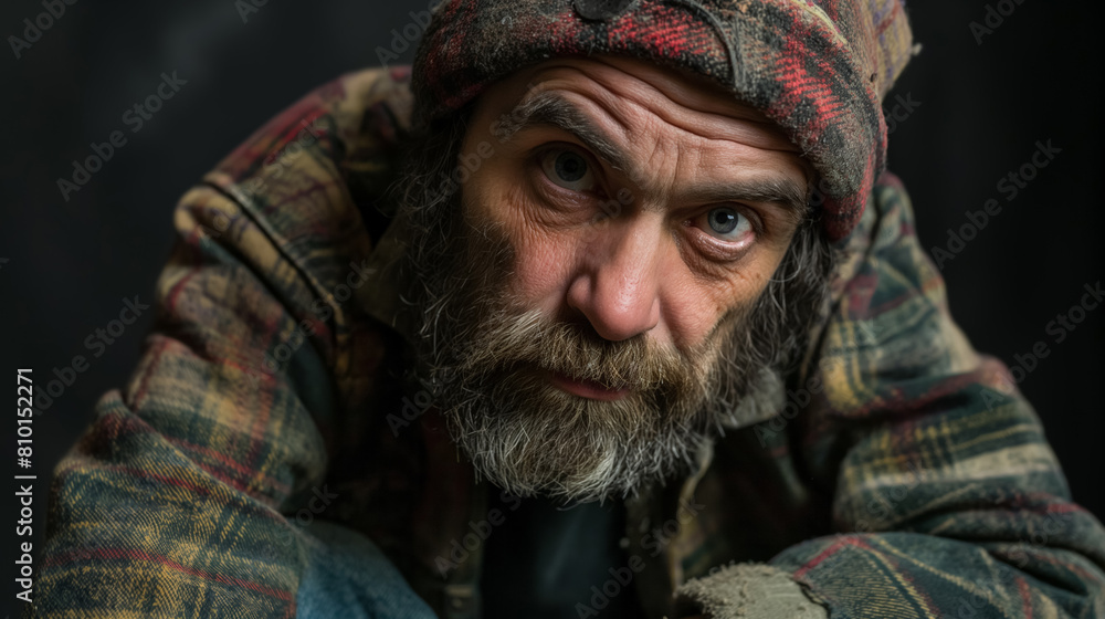 Bearded man with weathered features and deep-set eyes, wearing a colorful, tattered hat and a plaid jacket, conveying a story of life's hardships. Bearded man with weathered features and deep-set eyes, wearing a colorful, tattered hat and a plaid jacket, conveying a story of life's hardships.