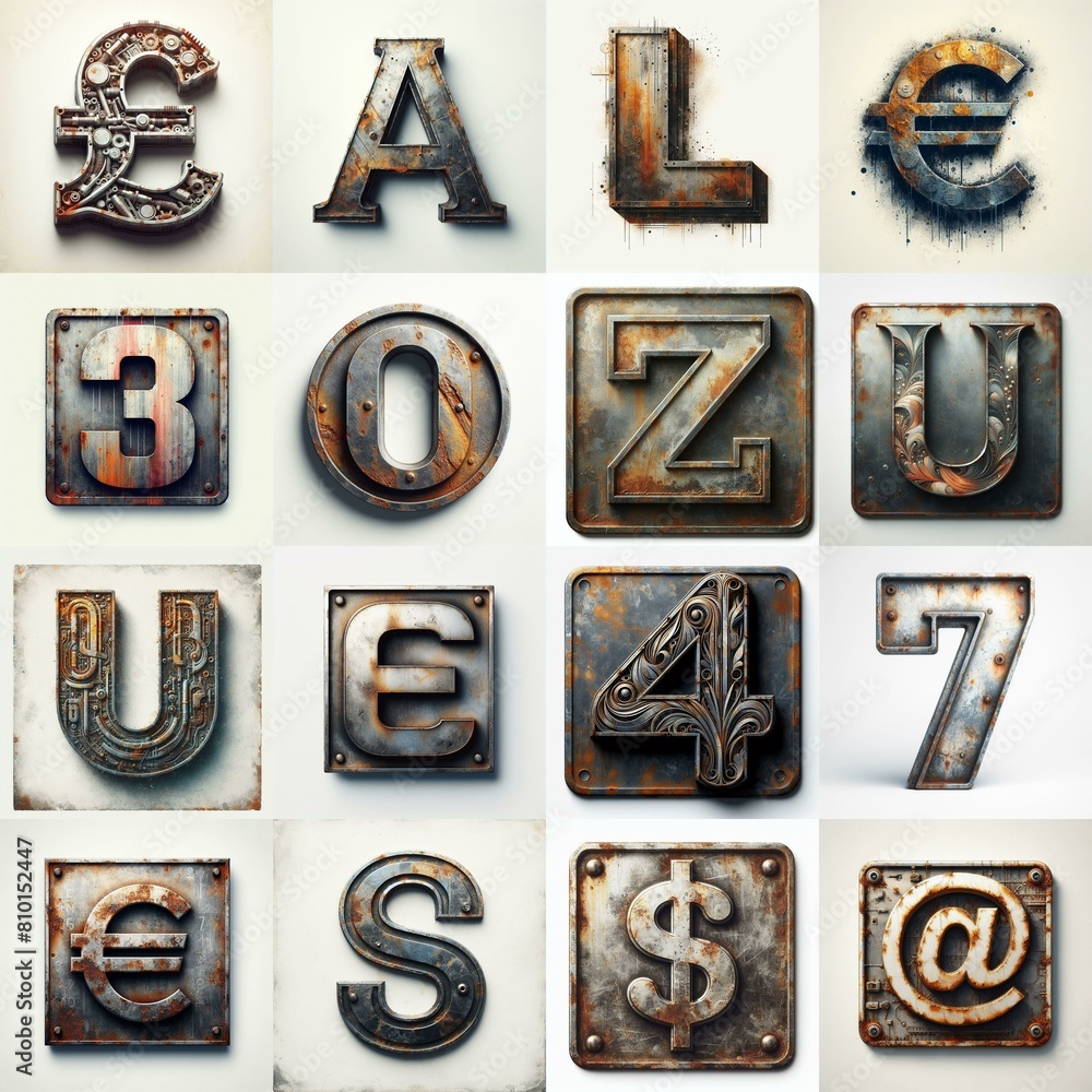 Naklejka premium Meatal grange and rusty Lettering Typeface. AI generated illustration