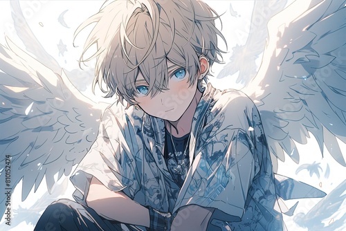 handsome anime angel guy with white hair and wings