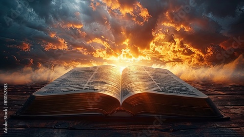 Biblical Book under Dramatic Sky - An open book lies beneath a dramatic sky, hinting at revelation or enlightenment with powerful religious connotations photo